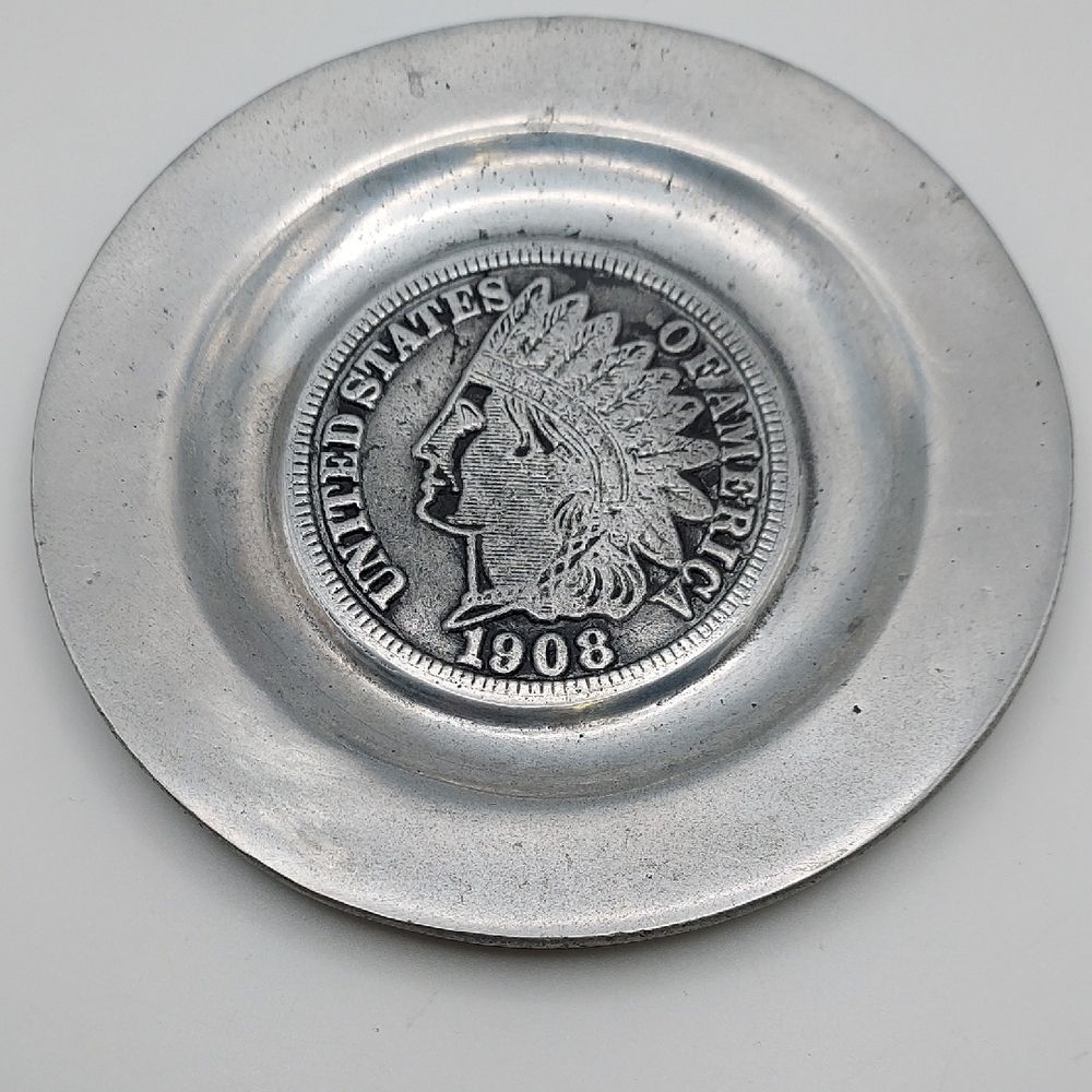 Vtg Native American Penny Pewter Plate